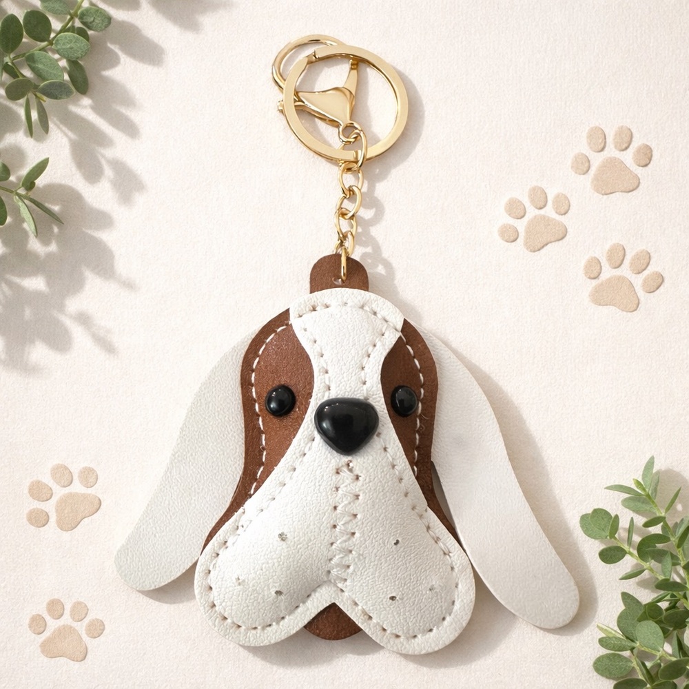 Dog Face Vegan Leather Keychain‎ & Bag Charm New With Gold Hardware
